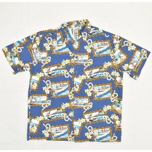 VTG Evergreen Island Men's Button Down Shirt Surf Hawaiian Cotton Blue Size L